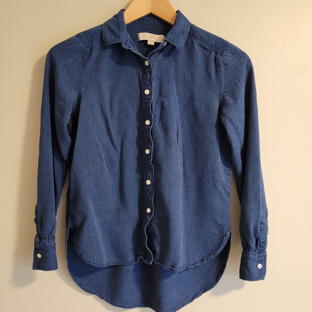 Loft Petites Dark Blue Jean Button Down, XS